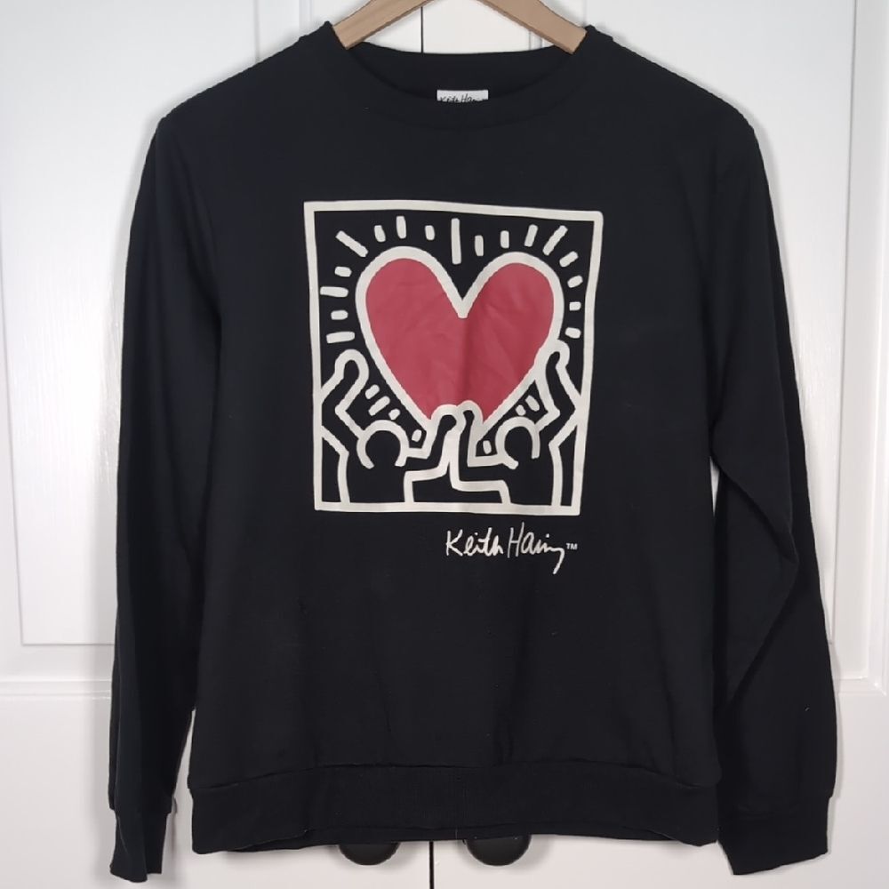 Keith Haring Black Lightweight Sweatshirt with Love Heart Graphic Streetwear